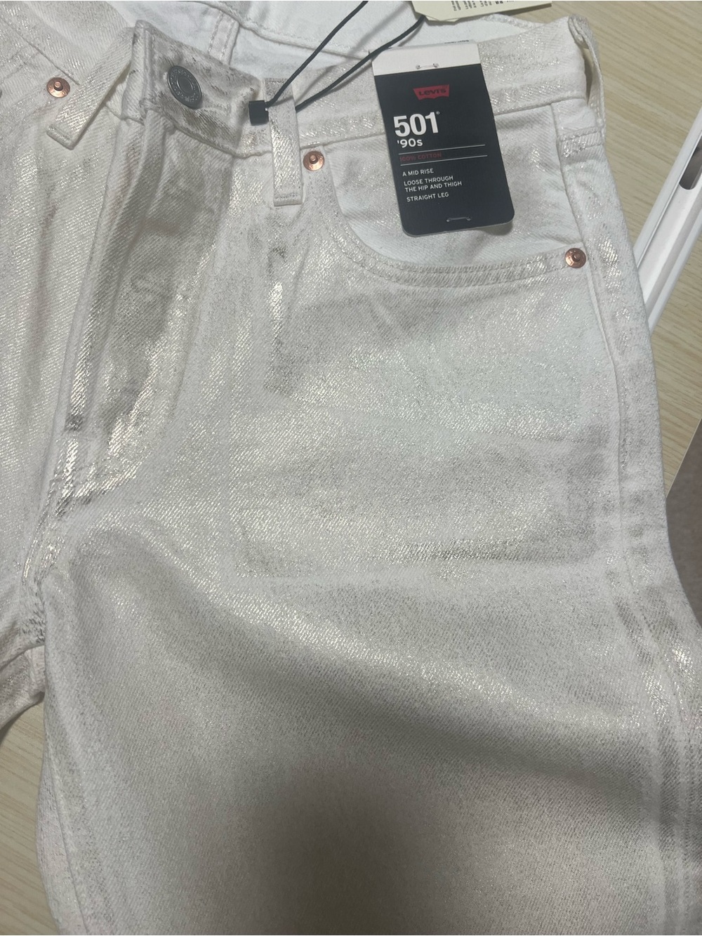 Levi’s Premium 501 ’90s Metallic Foil Straight Jeans White Gold NWT 26x30 - Picture 6 of 10